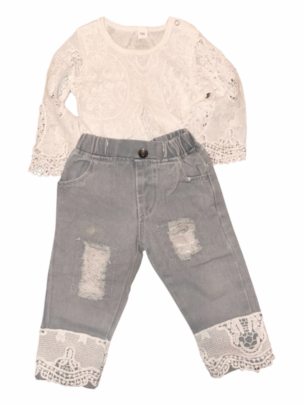 Toddler Denim Jeans Bodysuit Set with White Lace Trim